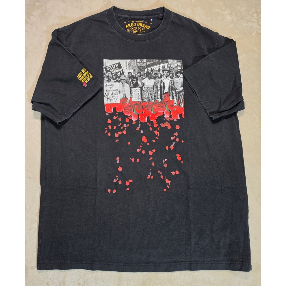 AKOO Brand Mens 4XL Black Graphic T-Shirt Protest Roses 302nd‎ Bombardment Tee